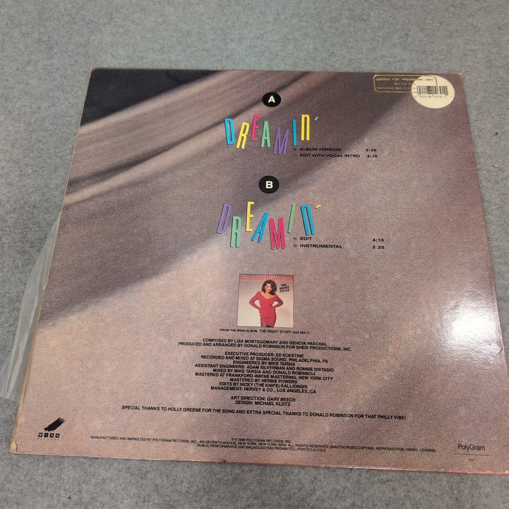 Vanessa Williams Dreamin 12 Single Vinyl 1988 Wing Records Promo 422-871079-1 - Picture 2 of 5
